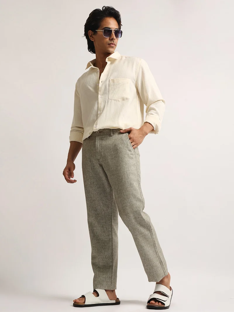 Maniac  Maniac Mens Solid Olive Elastic Linen Cotton Blend Trouser for Men | Best Price UAE